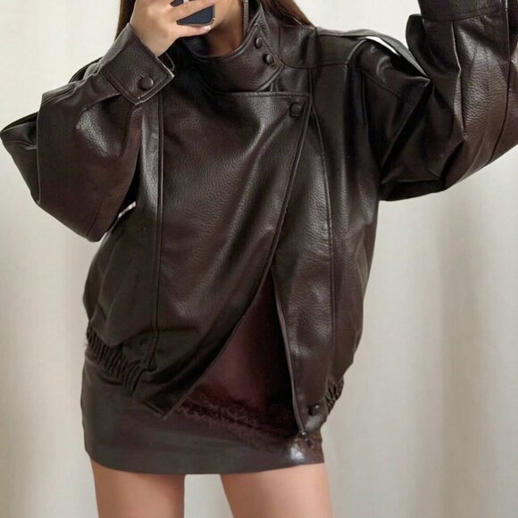 MODA ME COUTURE Jackets & Blazers - Chocolate Brown Casual Women's Long Sleeve Polyurethane Bomber Jacket